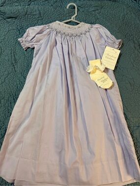 Strasburg Heirloom Lavender Smocked Girls' lined Dress and matching socks